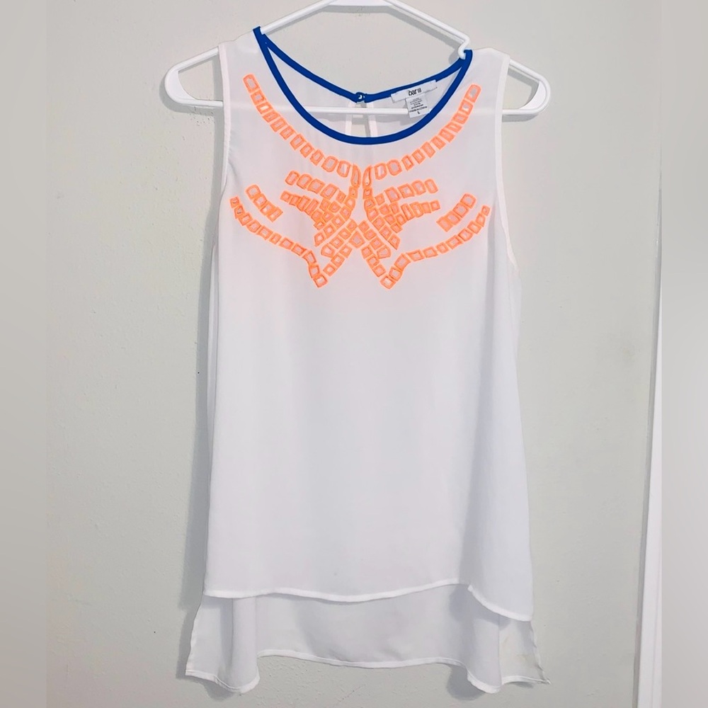Bar III White Tank Top with Neon Orange Accents